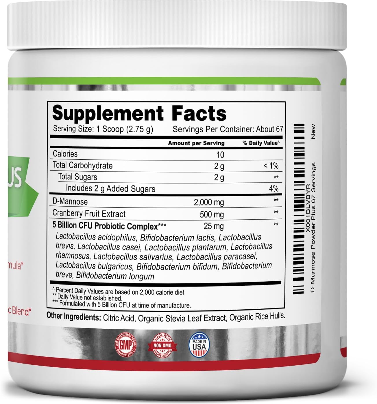 Zazzee D-Mannose Powder Plus, 2000 mg, 67 Servings, with Probiotics & Cranberry, 6.5 Oz Z235