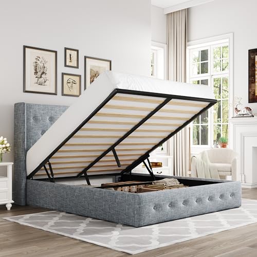 Allewie Full Size Lift Up Storage Bed with Wingback Headboard, Light Beige C85153