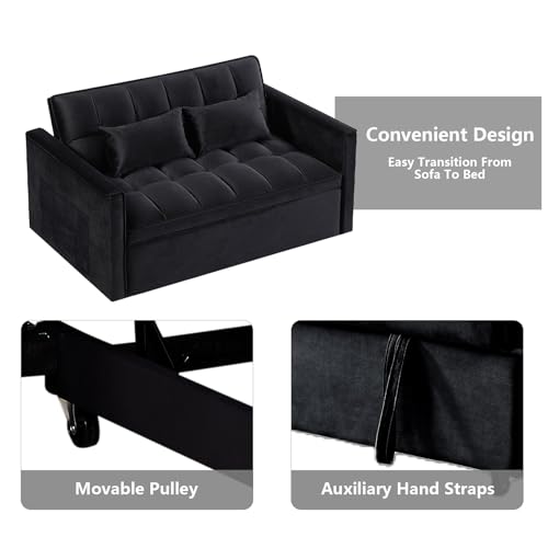 3 in 1 Convertible Sleeper Sofa Bed Futon with Adjustable Backrest, Velvet, Black Q74350