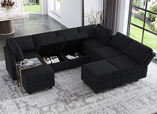 Belffin Modular Velvet Sectional Sofa with Chaise Lounge and Storage, Grey T418154
