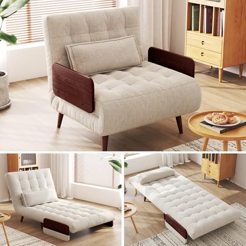 Convertible Chair Bed Sleeper for Adults with Wooden Arms, Linen G638