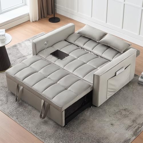 Modern 3 in 1 Convertible Sleeper Sofa Couch Bed with USB, Light Grey M684