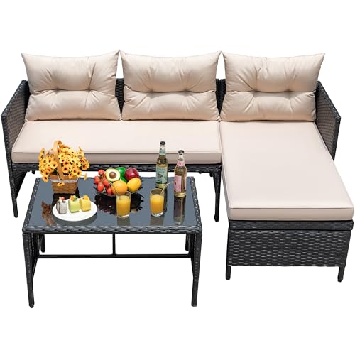 Devoko 3-Piece Rattan Outdoor Sectional Sofa with Cushion and Glass Table C42137