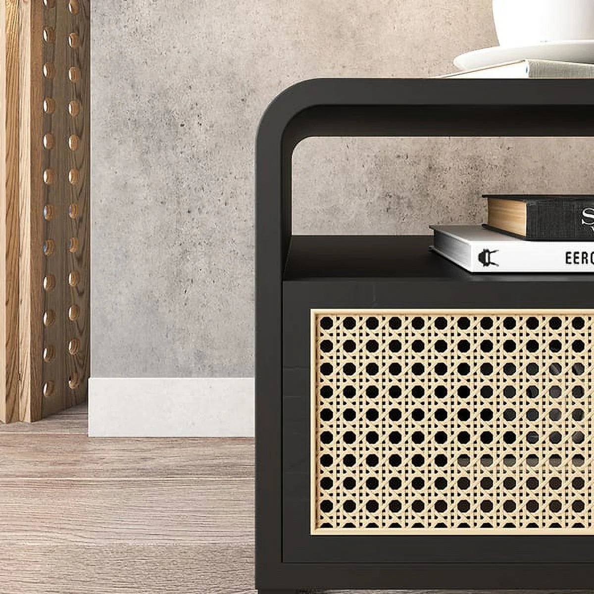 Minimalist Rattan Nightstand with Drawer, Black K345