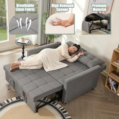 52" Sleeper Sofa with Pull-Out Bed, 3-in-1 Convertible, Linen, Light Gray E80103