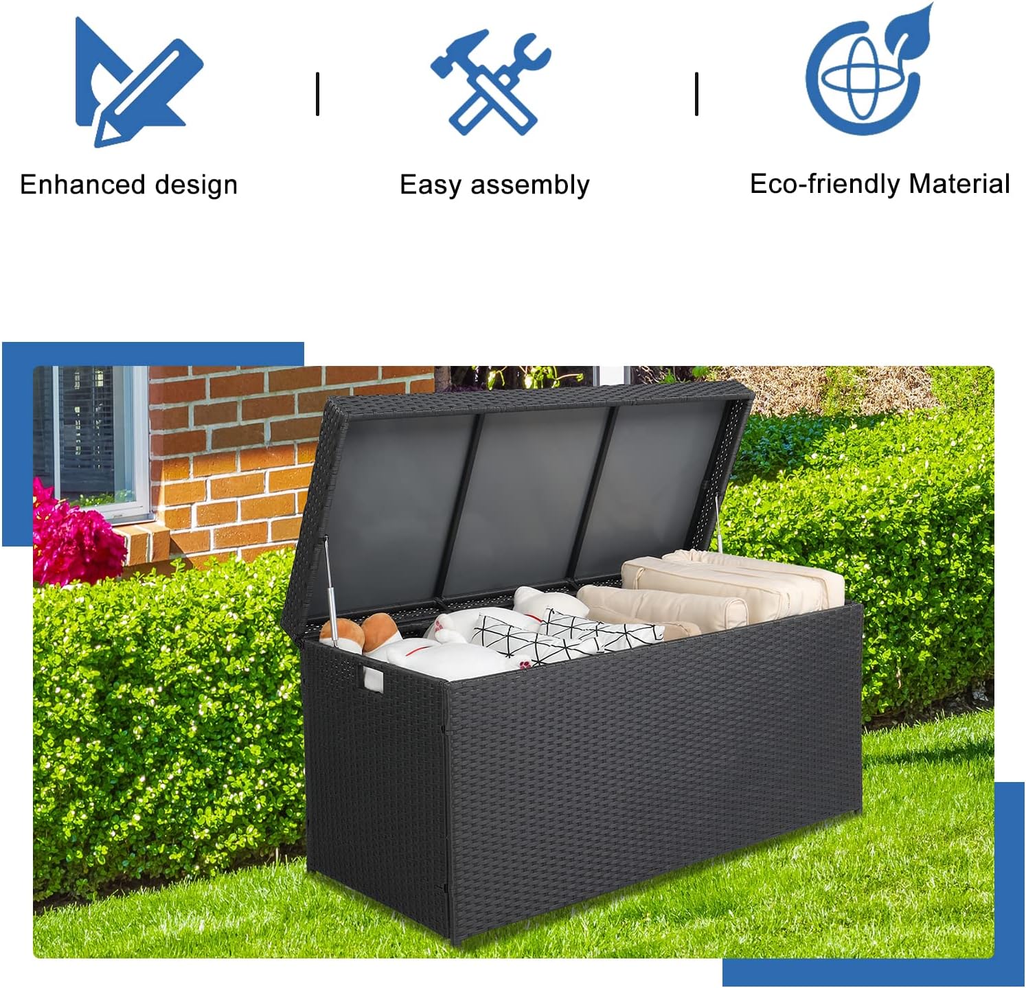 132 Gallon PE Rattan Deck Box with Lid - Weather Resistant Storage Container P858