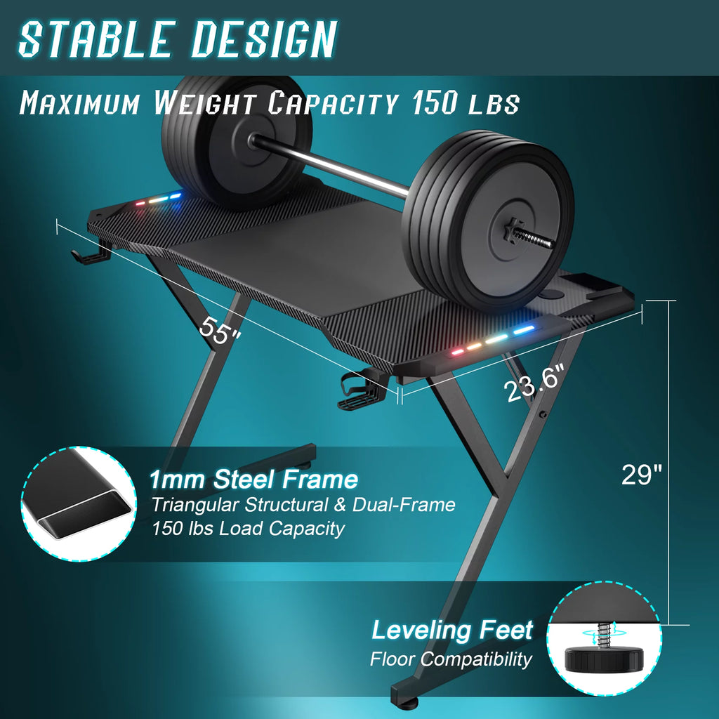 HLDIRECT 55 Inch Gaming Desk with LED Lights, Carbon Fibre Surface, Black A69190