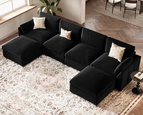 Belffin Extra Large Modular Sectional Sofa, 4-Seater L Shaped Velvet Couch, Black A1471