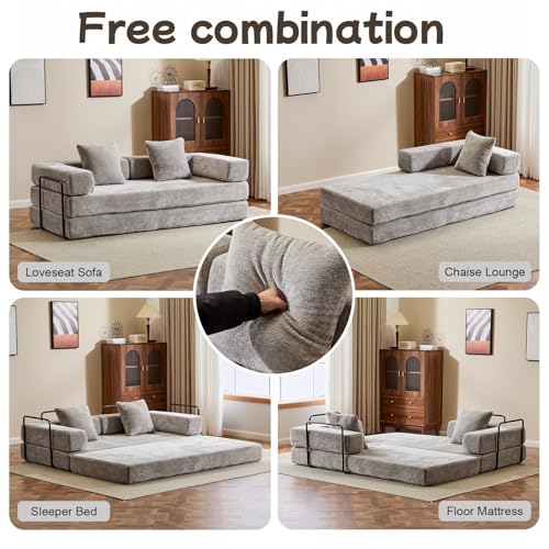 Convertible Floor Sofa Bed with Pillow Back and Armrest, Chenille, Dark Gray N4509