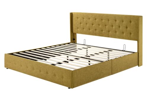 Allewie Full Size Lift Up Storage Bed with Wingback Headboard, Light Beige C85153