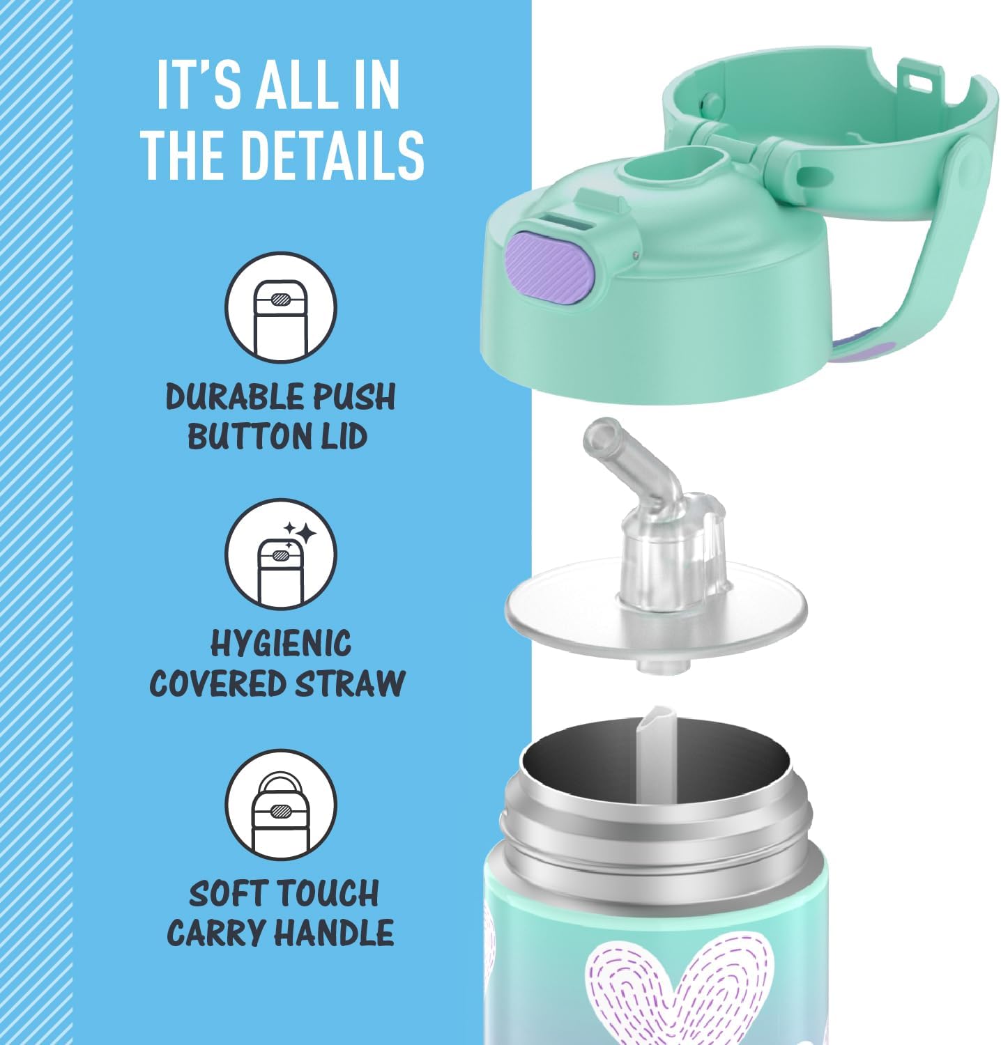 THERMOS FUNTAINER Water Bottle with Straw 12 Ounce, Purple Hearts X420688