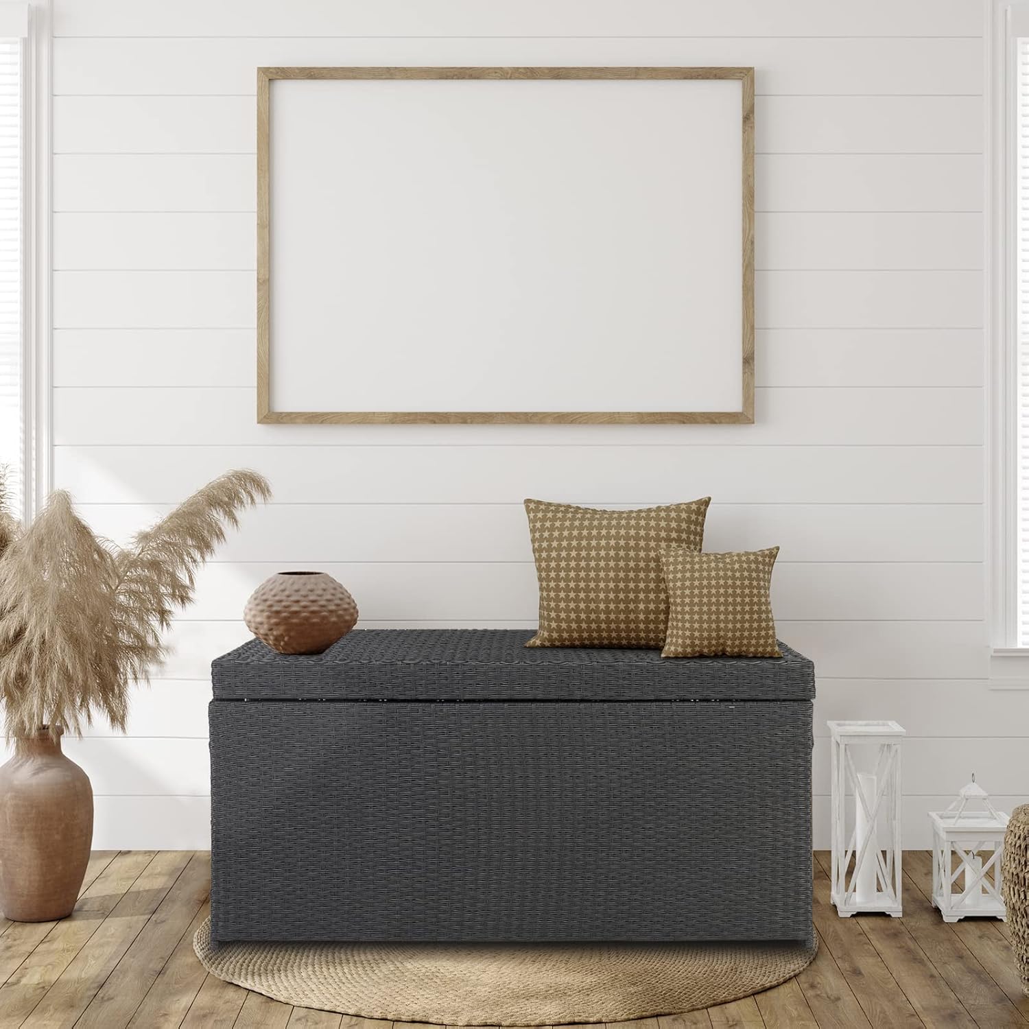 132 Gallon PE Rattan Deck Box with Lid - Weather Resistant Storage Container P858