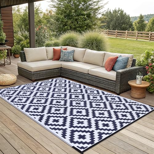 Smiry Waterproof Outdoor Rug 5x8 ft, Reversible Plastic Straw Patio Mat, Black & Beige P20186