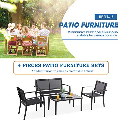 Vongrasig 4 Piece Patio Conversation Set with Glass Coffee Table, Black E428