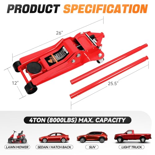 Auto Dynasty 4 Ton Low Profile Floor Jack, Heavy Duty Steel Hydraulic, Yellow B7990