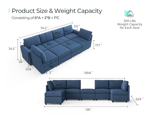 LINSY HOME Modular U Shaped Sectional Sofa with Storage, Blue M8981