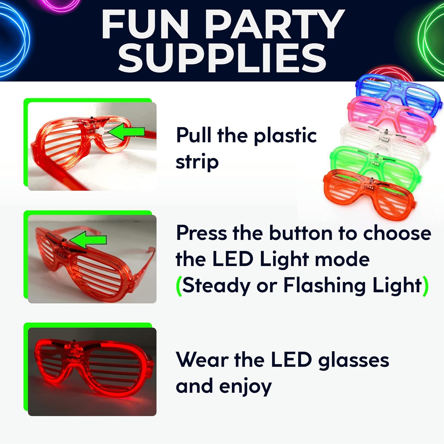 Toysery Neon LED Glasses Party Pack of 25 Glow in the Dark M751