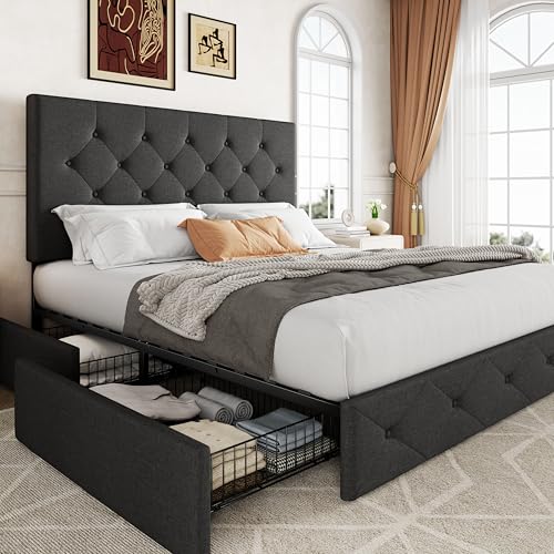 Allewie Upholstered Queen Platform Bed Frame with 4 Drawers and Headboard, Light Grey A922