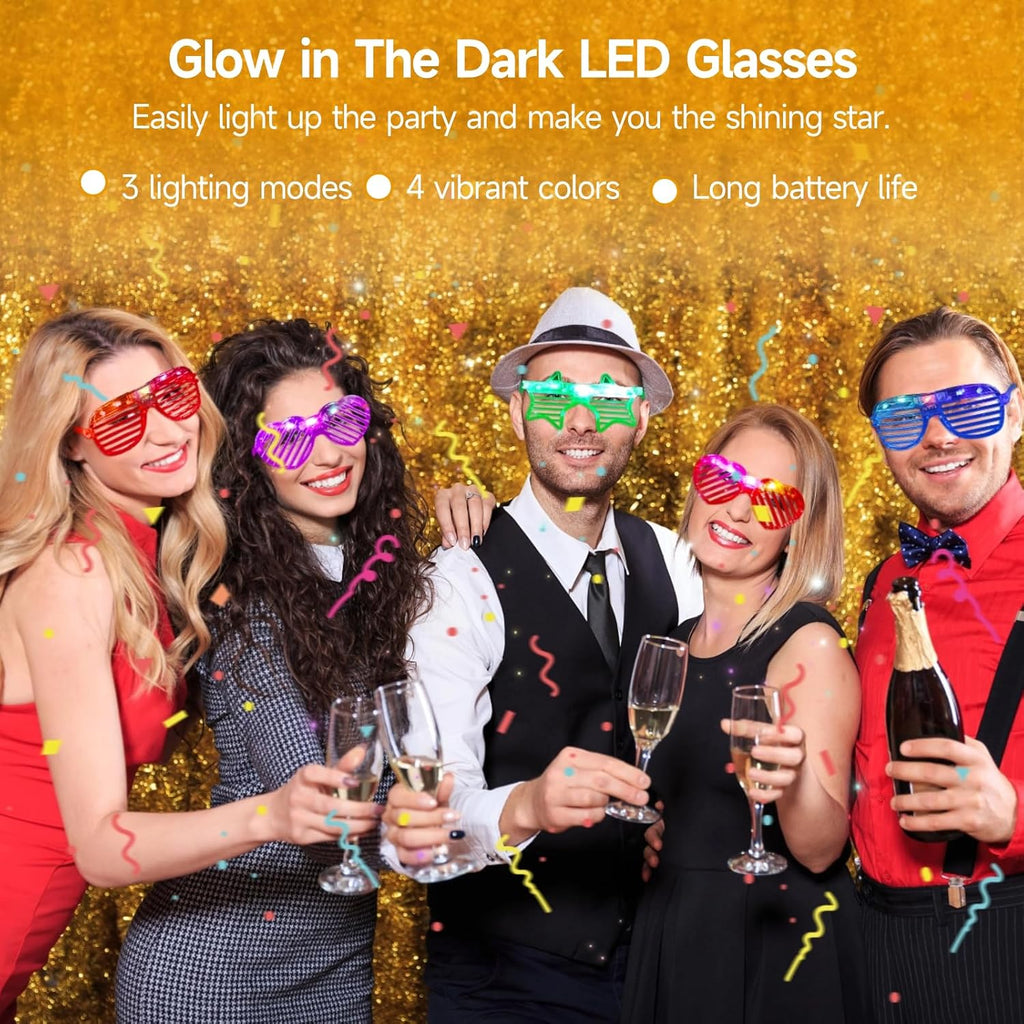 LED Glasses 12 Pack, 3 Shapes 4 Colors, Light Up Neon Party Favors for Adults H969