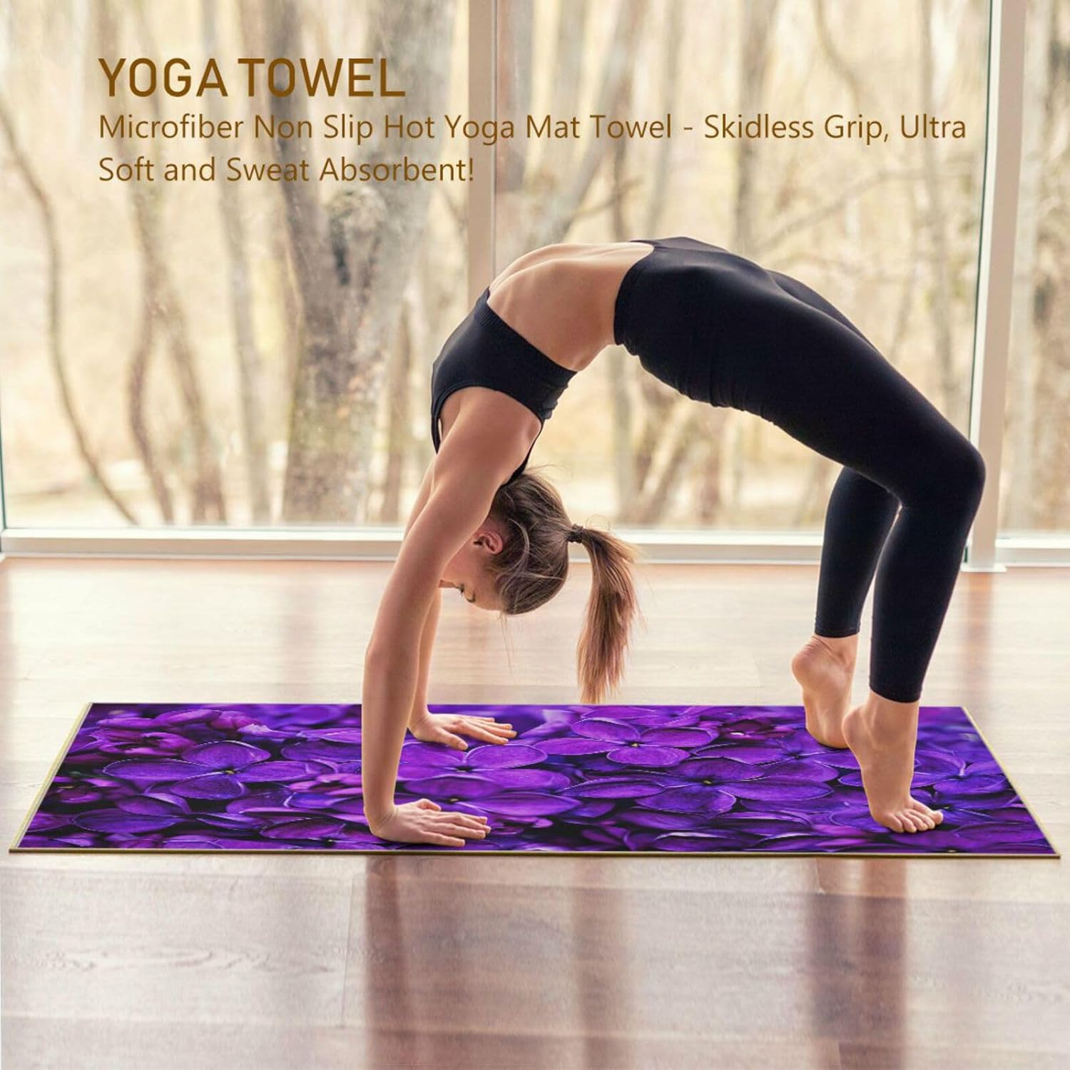Lilac Purple Floral Yoga Mat Towel Non Slip Sweat Absorbent with Storage Bag X98142