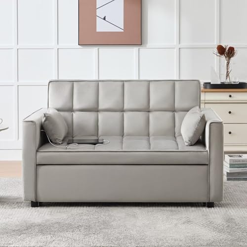Modern 3 in 1 Convertible Sleeper Sofa Couch Bed with USB, Light Grey M684