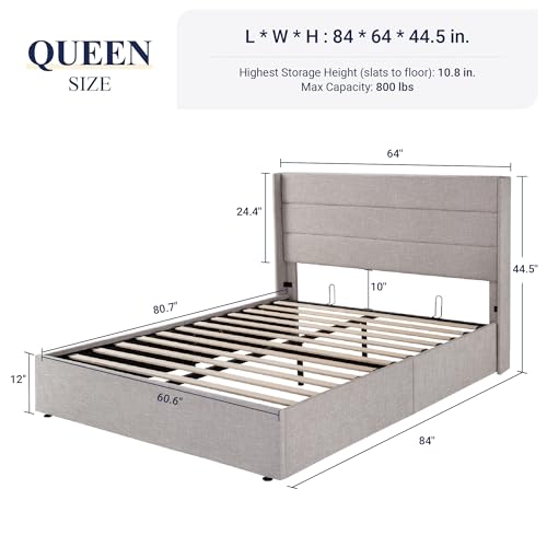 Allewie Full Size Lift Up Storage Bed with Wingback Headboard, Light Beige C85153