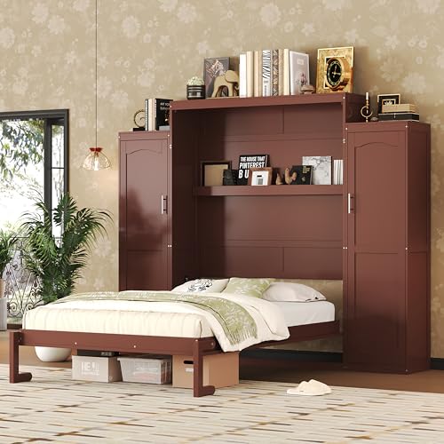 Polib Full Size Murphy Bed with Two Wardrobes and Storage Shelf, White S302797