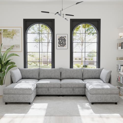 Oversized Modular Sectional Sofa with Movable Ottomans, U-Shaped Chenille J2923