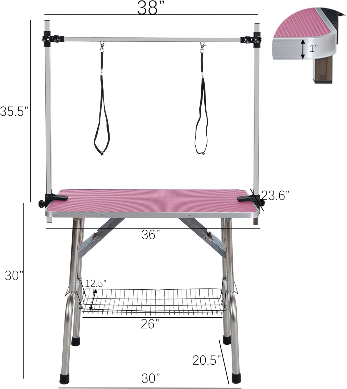 36" Folding Dog Grooming Table with Adjustable Arm, Stainless Steel Frame, Pink Z92852