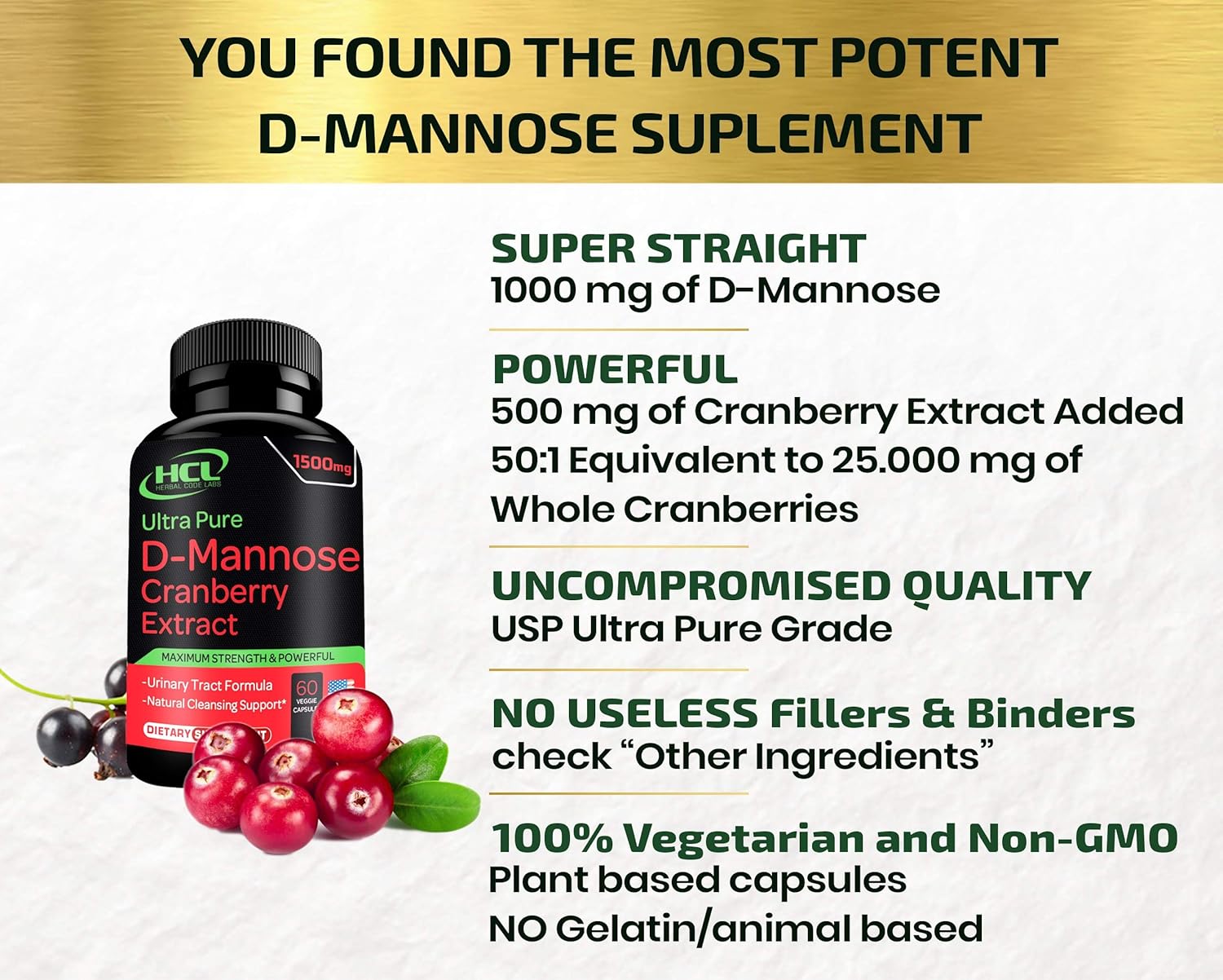 D-Mannose with Cranberry Extract Capsules 1500mg for Urinary Tract Health G95756