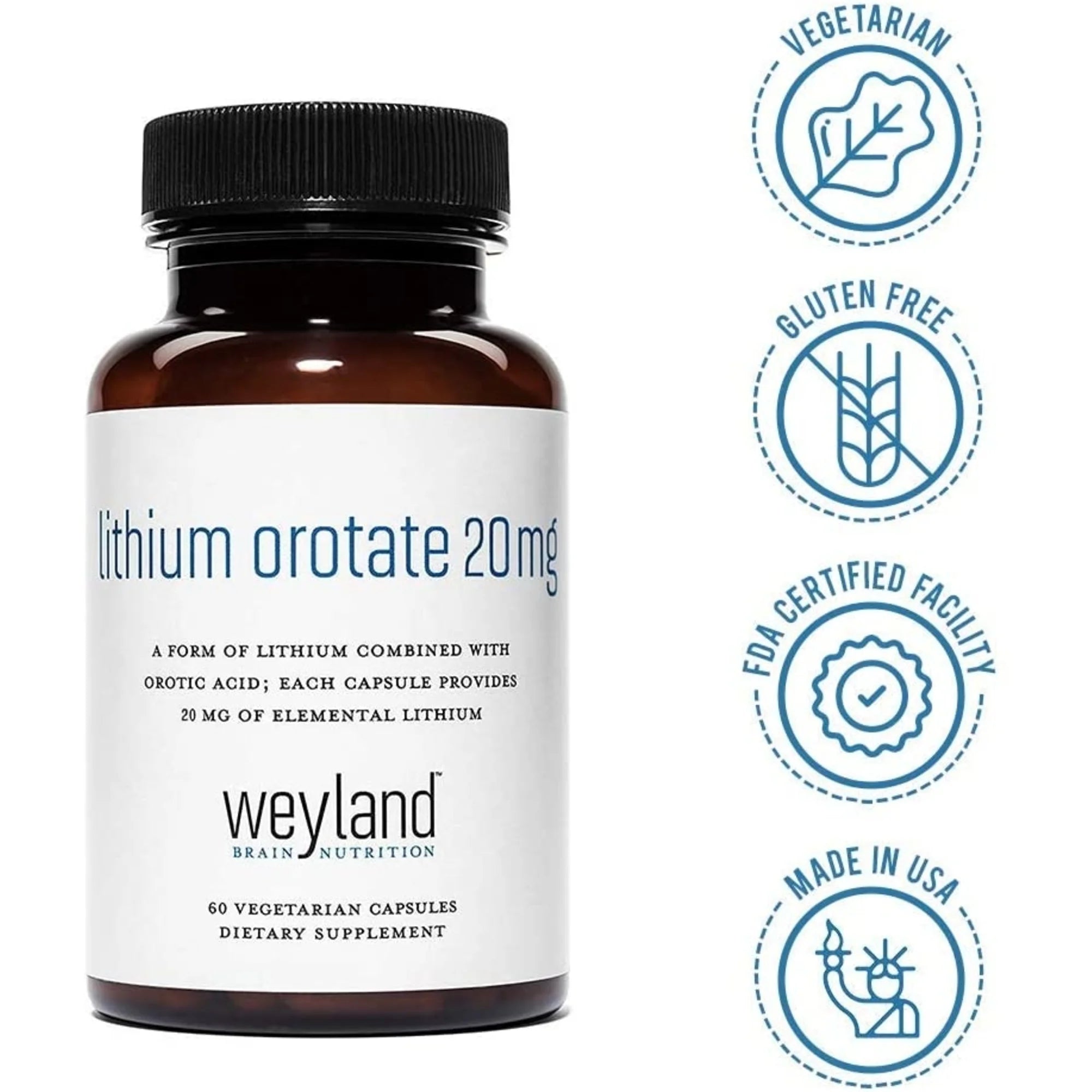 Weyland Brain Nutrition Lithium Orotate 20mg, 60 Vegetarian Capsules S596048