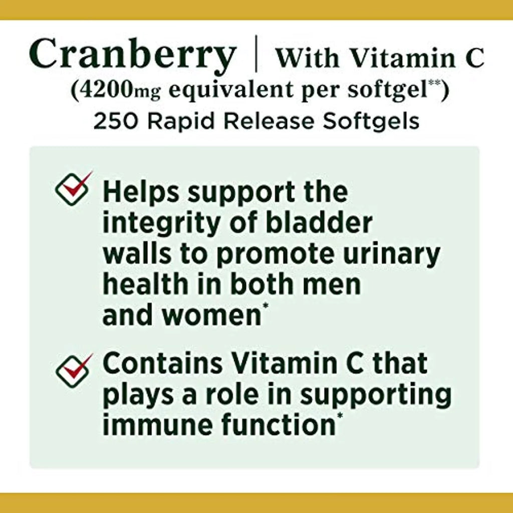 Natures Bounty Cranberry Pills with Vitamin C, 4200mg, 250 Softgels Q5767