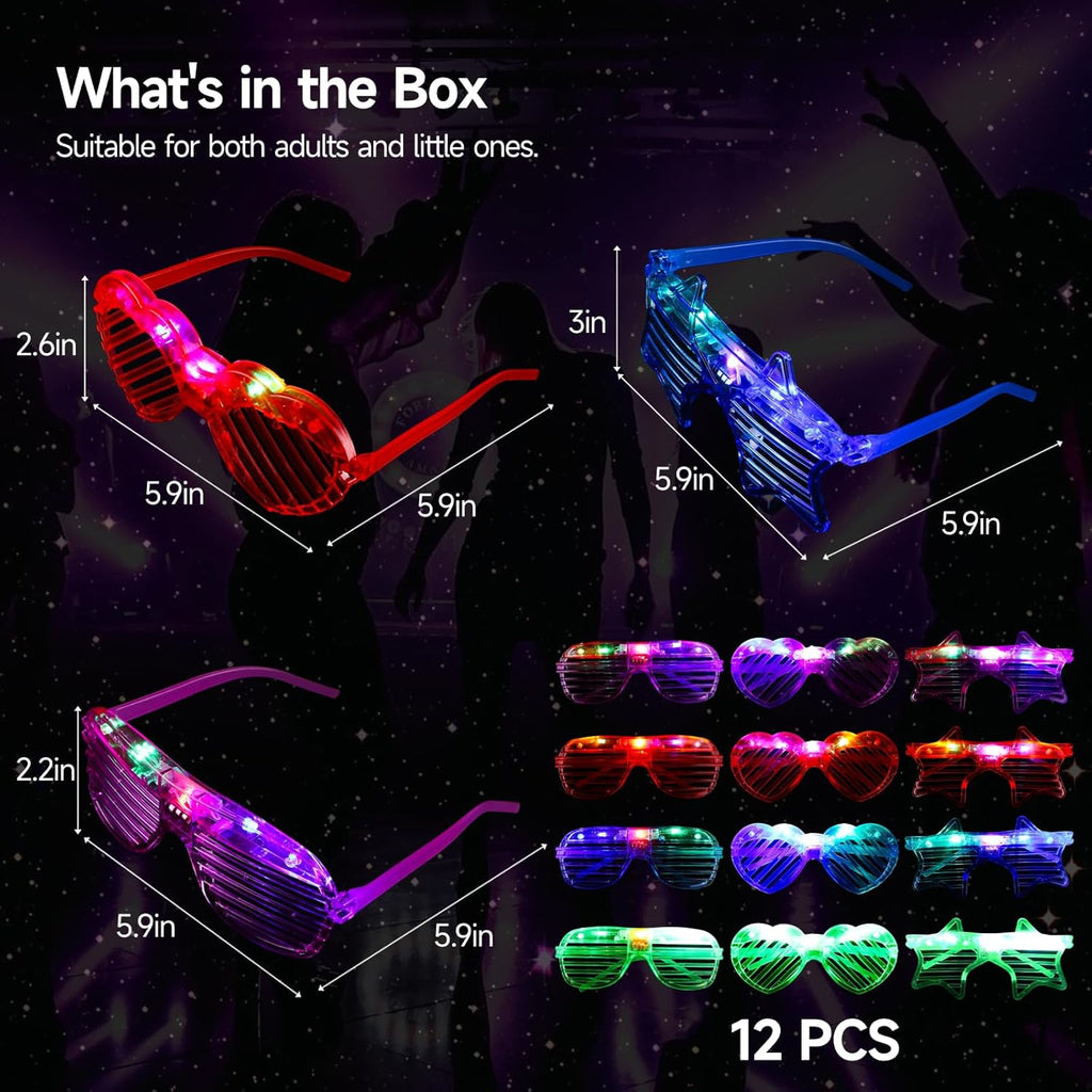 LED Glasses 12 Pack, 3 Shapes 4 Colors, Light Up Neon Party Favors for Adults H969