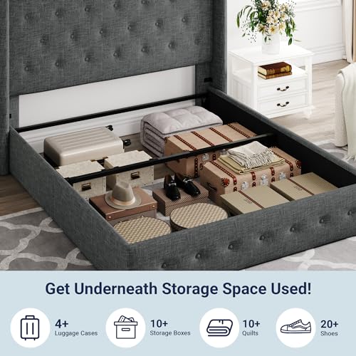 Allewie Full Size Lift Up Storage Bed with Wingback Headboard, Light Beige C85153