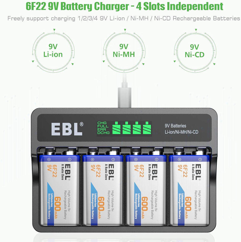 EBL 9V Li-ion Rechargeable Batteries 600mAh 4-Pack with LCD Smart Charger B9692