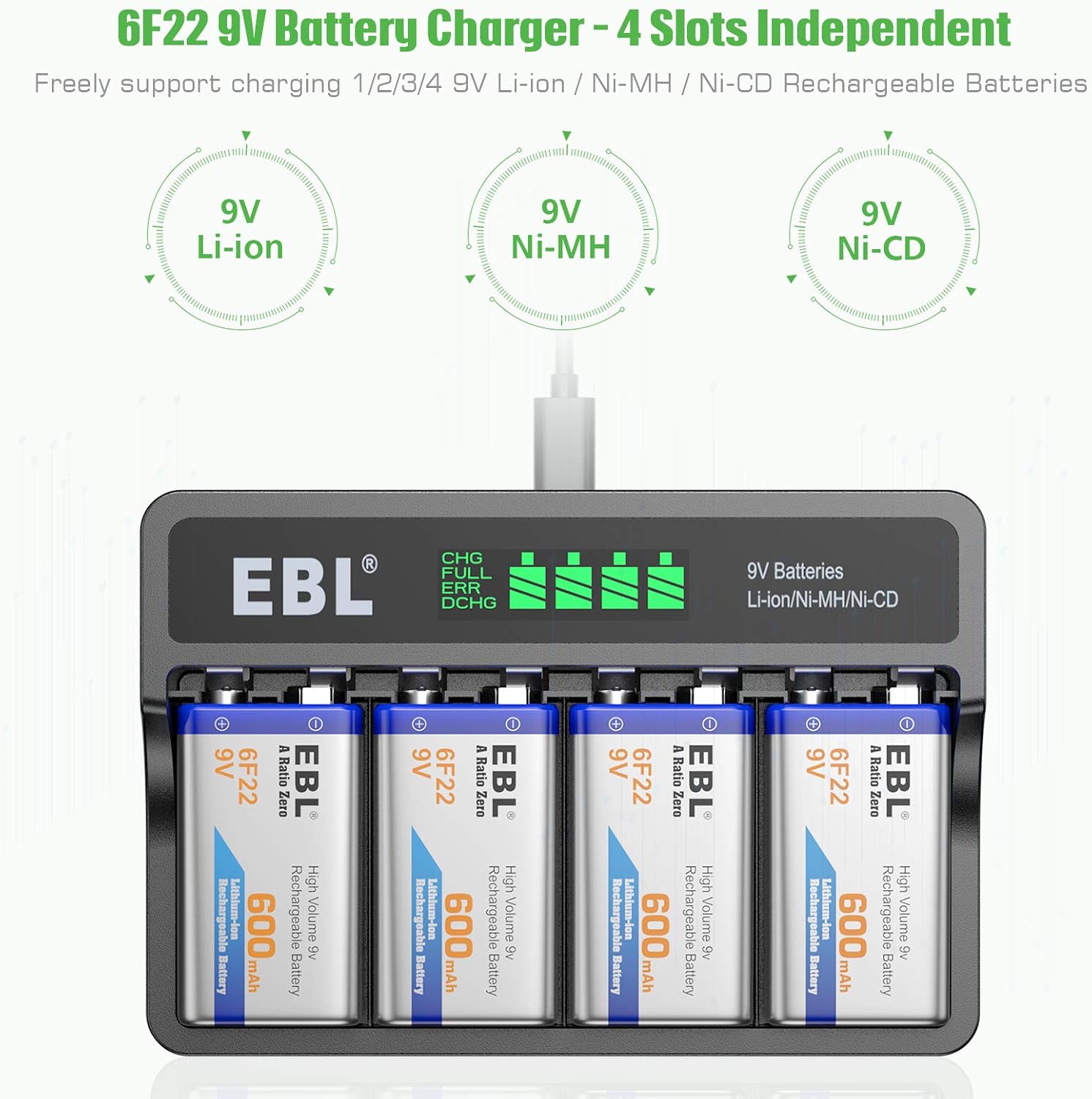 EBL 9V Li-ion Rechargeable Batteries 600mAh 4-Pack with LCD Smart Charger B9692