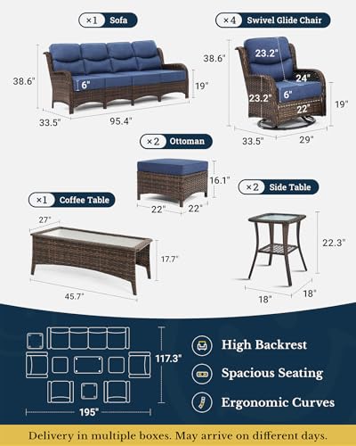 Luxury Patio Furniture Set 7PCS Wicker Conversation Set with Blue Cushions J5390
