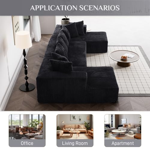 131" Modular Sectional Sofa Cloud Couch, Corduroy Memory Foam Black O10952