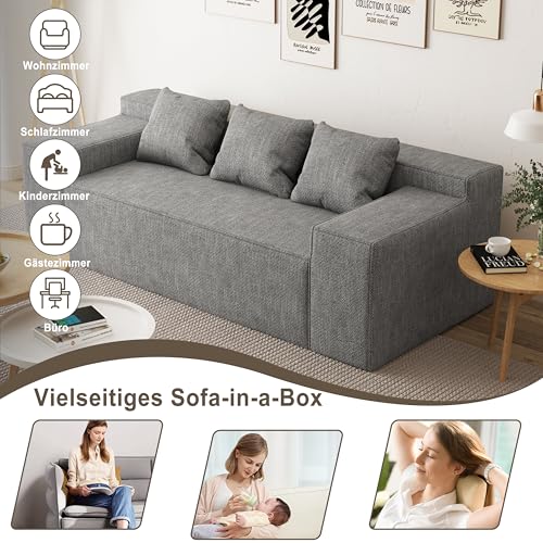 Modern Loveseat Sofa Couch in a Box with 2 Pillows, Cat-Scratch Resistant Linen, Grey F539394