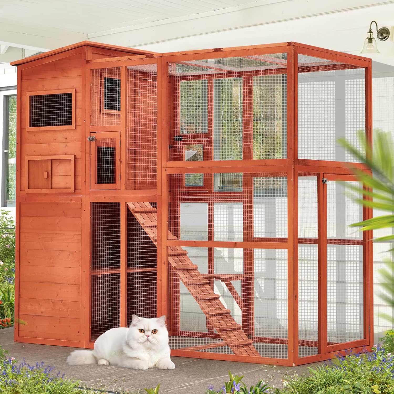 Esright Cat Catio Large Cat House，Outdoor Cat Enclosure Wooden Walk in Cat Cage for Window Kitty Cage Condo with Platform and 4 Resting Rooms
