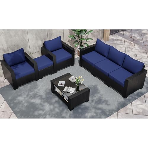 KIGOTY Patio Furniture Set 7 Pieces Outdoor Sectional Sofa with Cushions and Glass Coffee Table B60021