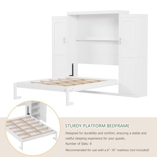 Polib Full Size Murphy Bed with Two Wardrobes and Storage Shelf, White S302797