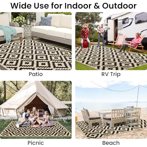 Smiry Waterproof Outdoor Rug 5x8 ft, Reversible Plastic Straw Patio Mat, Black & Beige P20186