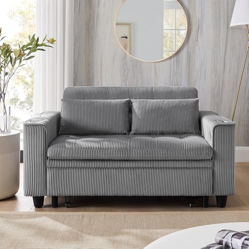 OKD 3 in 1 Convertible Sleeper Sofa Bed, Corduroy Pull Out Futon Couch with Charging Station, Light Grey Y57647