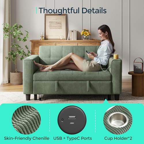 LINSY 3-in-1 Convertible Sofa Bed with Charging Station, Green E504001