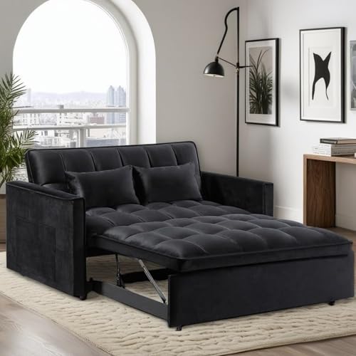 3 in 1 Sleeper Sofa Bed with Side Pocket, Black Convertible Futon Couch W34330