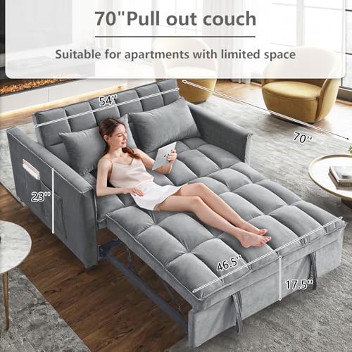 3 in 1 Convertible Sleeper Sofa Bed Futon with Adjustable Backrest, Velvet, Black Q74350
