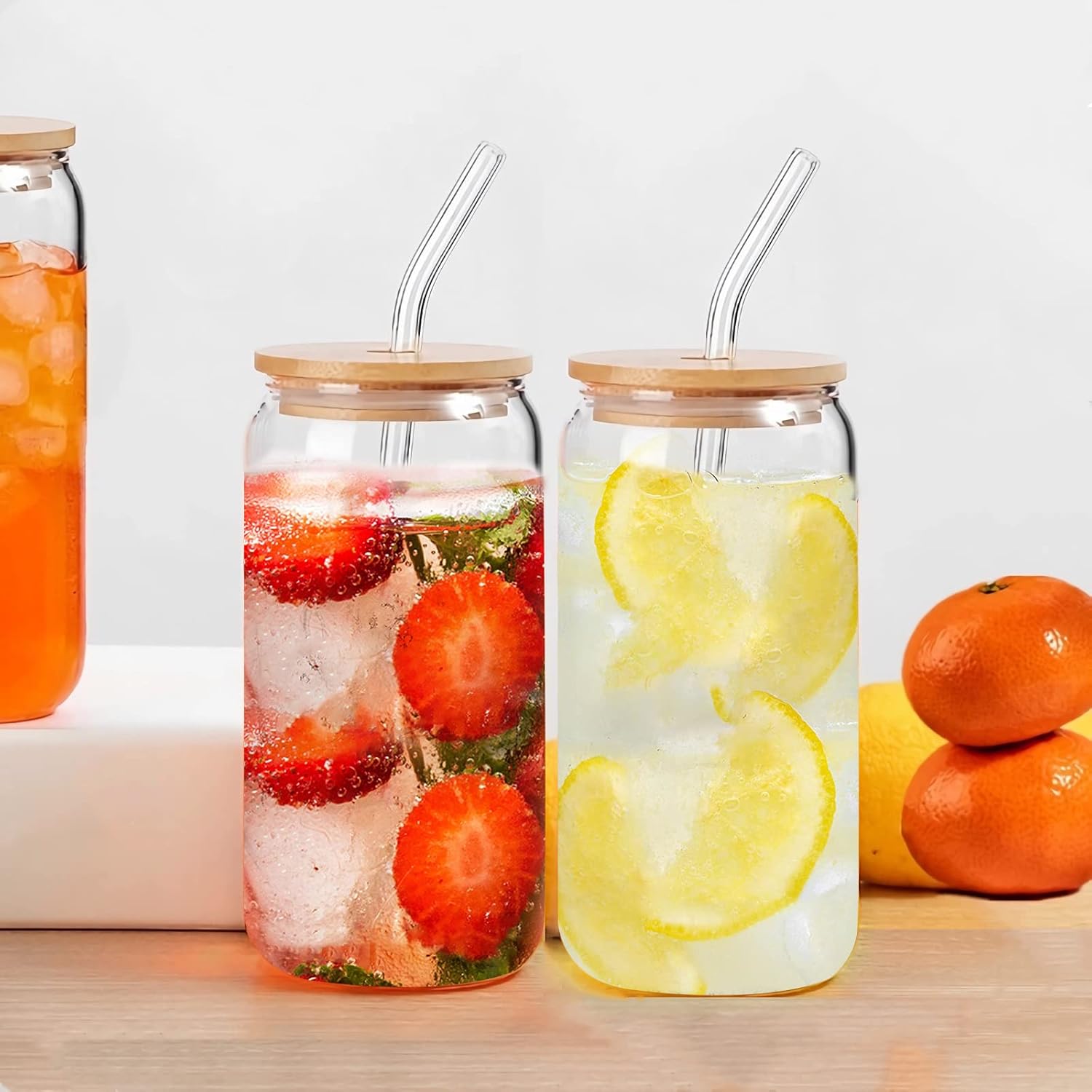 6 Pack Glass Cups with Bamboo Lids and Straws 16 oz Z667
