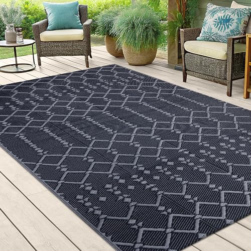 Smiry Waterproof Outdoor Rug 5x8 ft, Reversible Plastic Straw Patio Mat, Black & Beige P20186