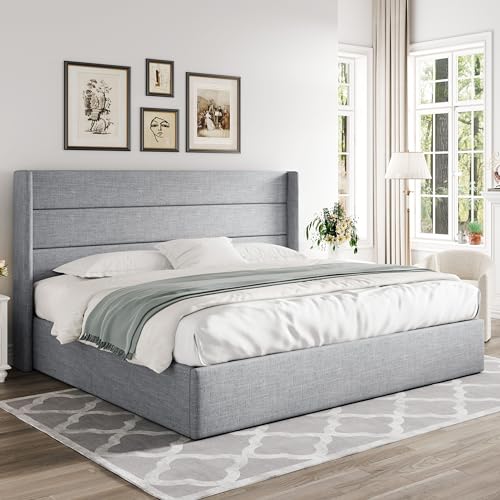 Allewie Full Size Lift Up Storage Bed with Wingback Headboard, Light Beige C85153